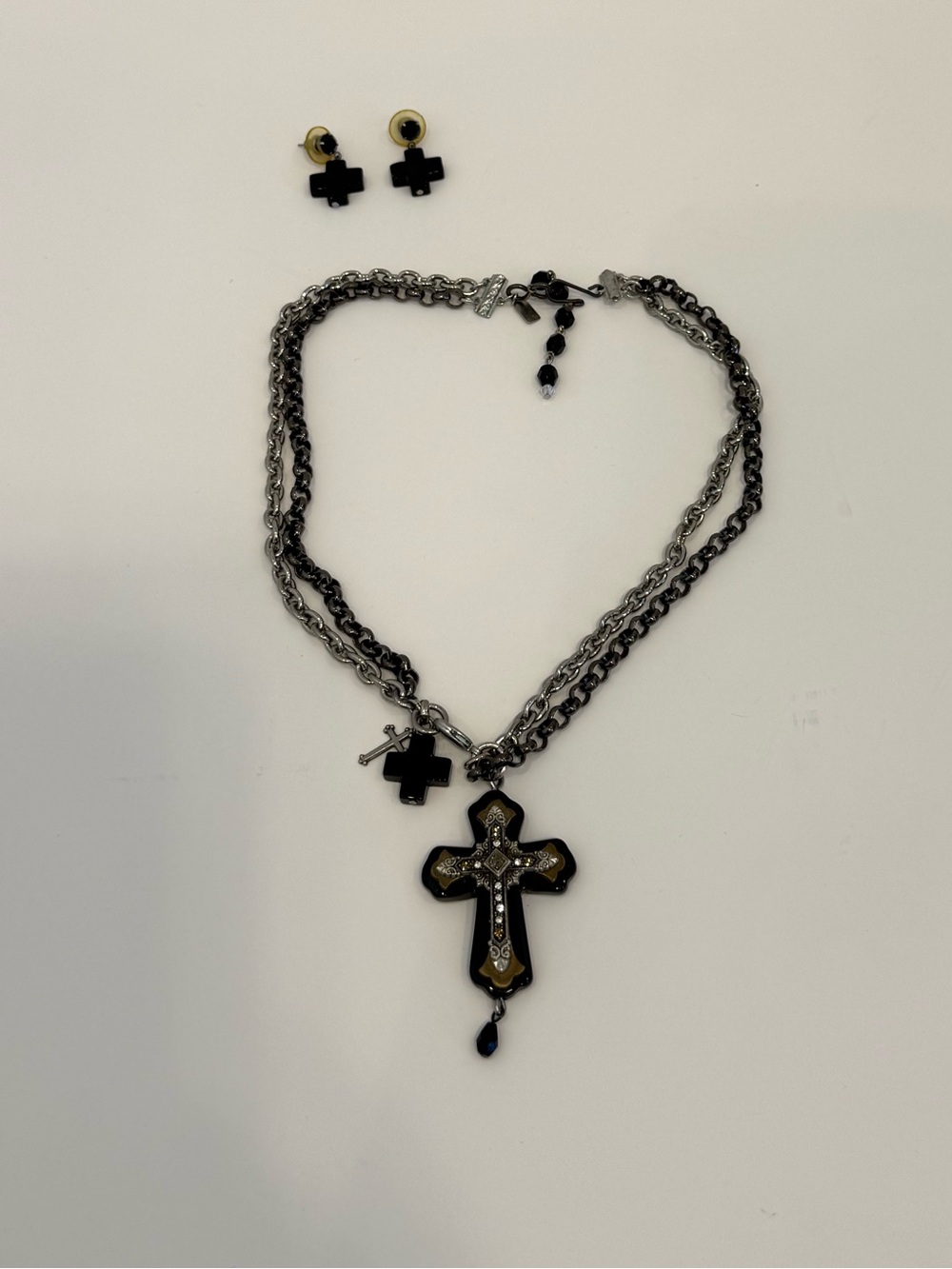 Y2K FAITH Black Cross Pendant Multi Chain Necklace and earring Set Whimsigoth